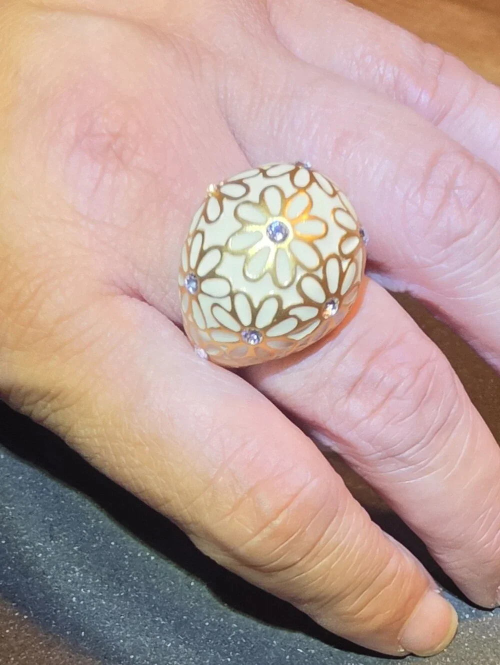 Coach Cream Floral Dome Ring with Gold Accents and Crystal Centers